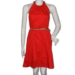 Calvin Klein Halter Dress, 6, Red/Golden Braided Belt, 3 snap neck, Stretch